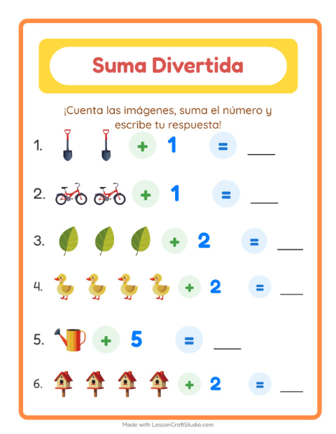 Vista previa de la hoja de Suma con Primavera para jardín infantil