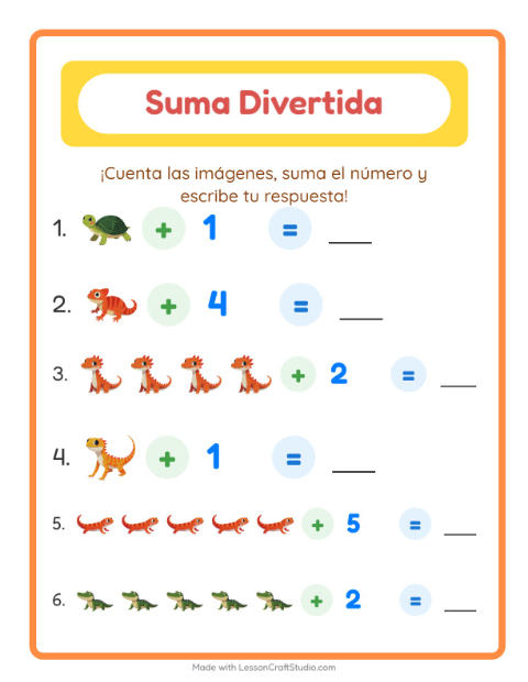 Vista previa de la hoja de Suma con Reptiles y anfibios para jardín infantil