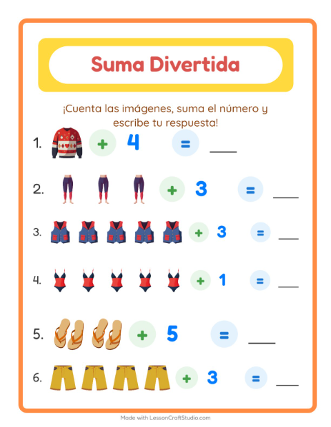 Vista previa de la hoja de Suma con Ropa para jardín infantil