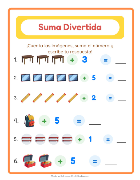 Vista previa de la hoja de Suma con Salón de clases para jardín infantil