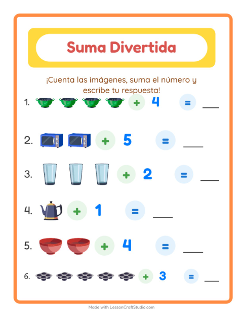 Vista previa de la hoja de Suma con Utensilios de cocina para jardín infantil