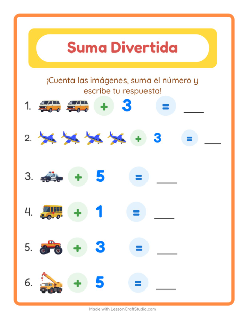 Vista previa de la hoja de Suma con Vehículos para jardín infantil