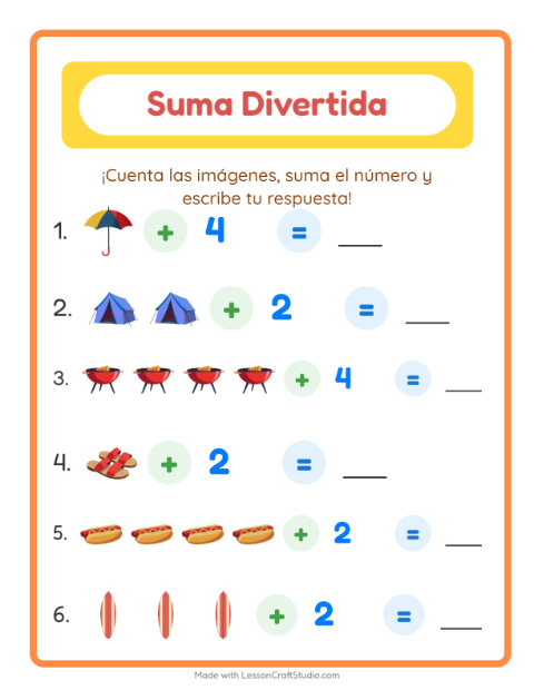 Vista previa de la hoja de Suma con Verano para jardín infantil