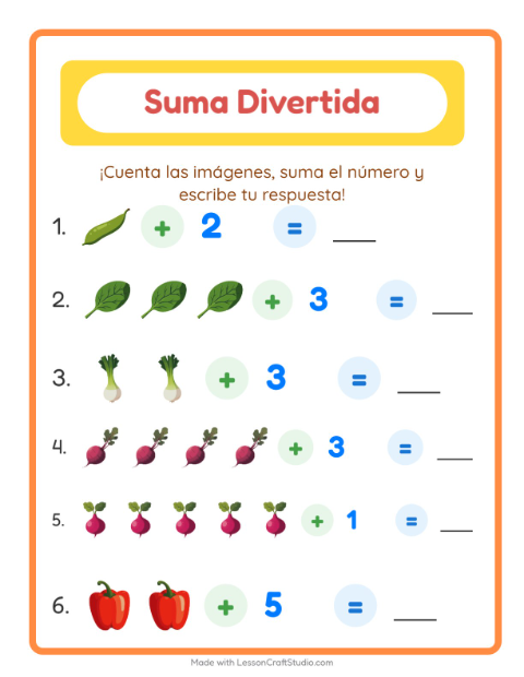 Vista previa de la hoja de Suma con Verduras para jardín infantil