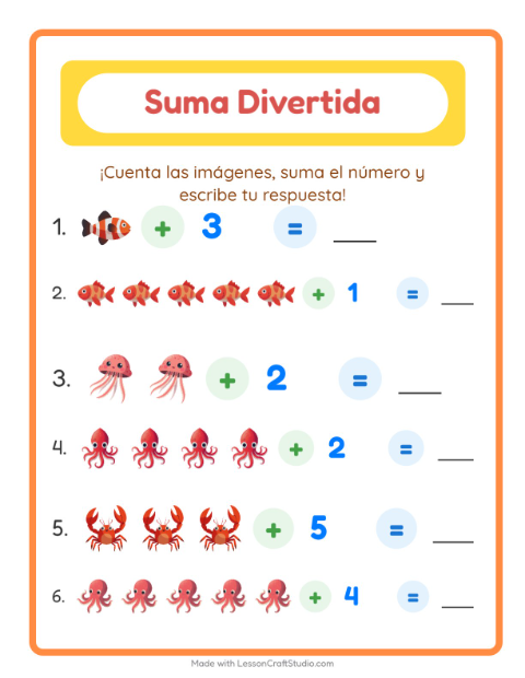 Vista previa de la hoja de Suma con Vida marina para jardín infantil