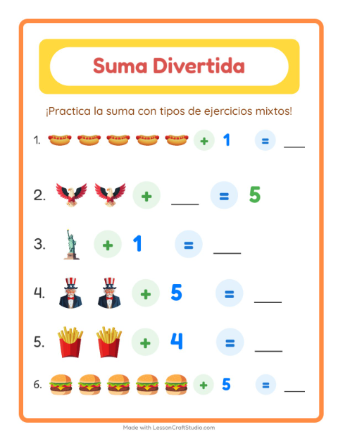 Vista previa de la hoja de Suma con 4 de Julio para jardín infantil