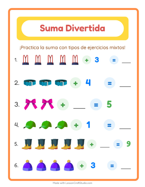 Vista previa de la hoja de Suma con Accesorios para jardín infantil