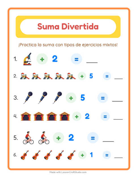 Vista previa de la hoja de Suma con Actividades para jardín infantil