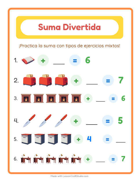 Vista previa de la hoja de Suma con Alrededor de la casa para jardín infantil