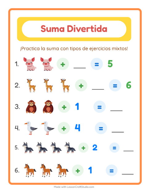 Vista previa de la hoja de Suma con Animales para jardín infantil