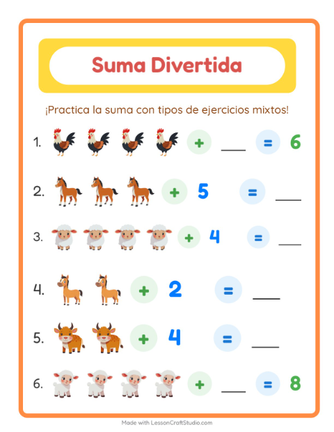 Vista previa de la hoja de Suma con Animales de granja para jardín infantil