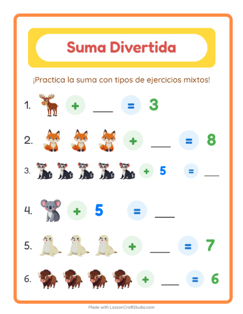Vista previa de la hoja de Suma con Animales del zoológico para jardín infantil