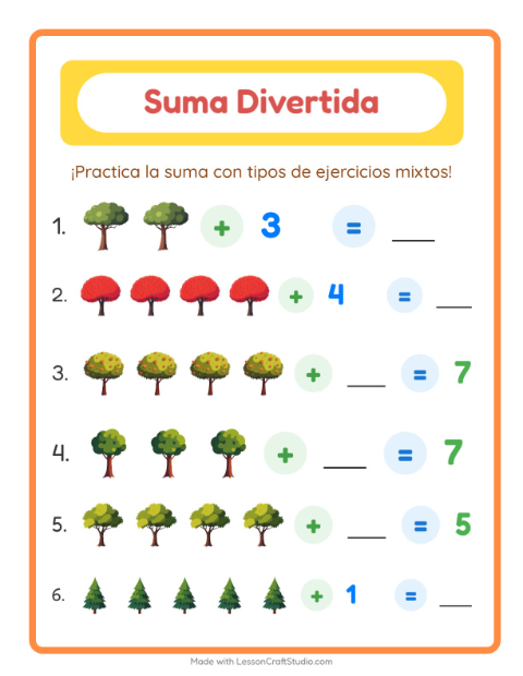 Vista previa de la hoja de Suma con Árboles para jardín infantil