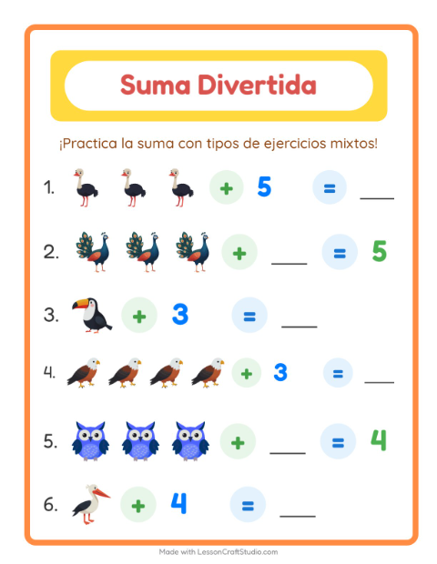 Vista previa de la hoja de Suma con Aves para jardín infantil