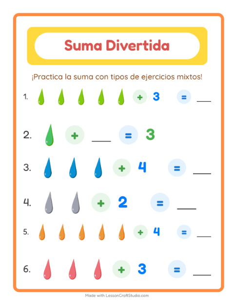 Vista previa de la hoja de Suma con Colores para jardín infantil