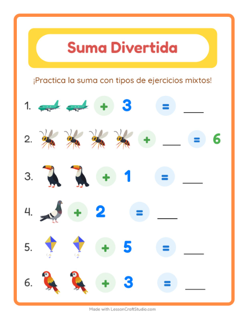 Vista previa de la hoja de Suma con Cosas que vuelan para jardín infantil