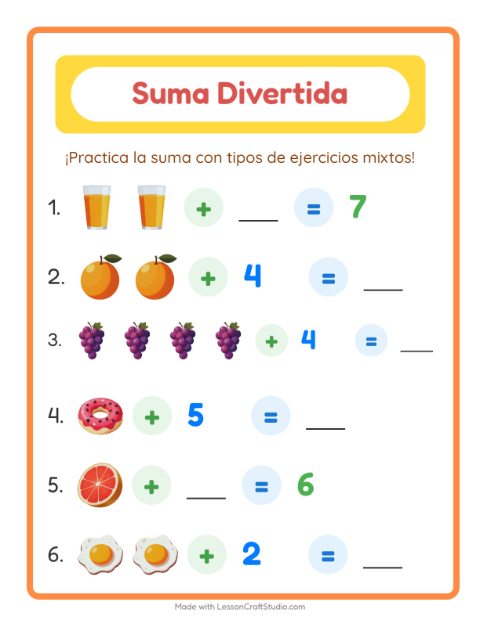 Vista previa de la hoja de Suma con Desayuno para jardín infantil