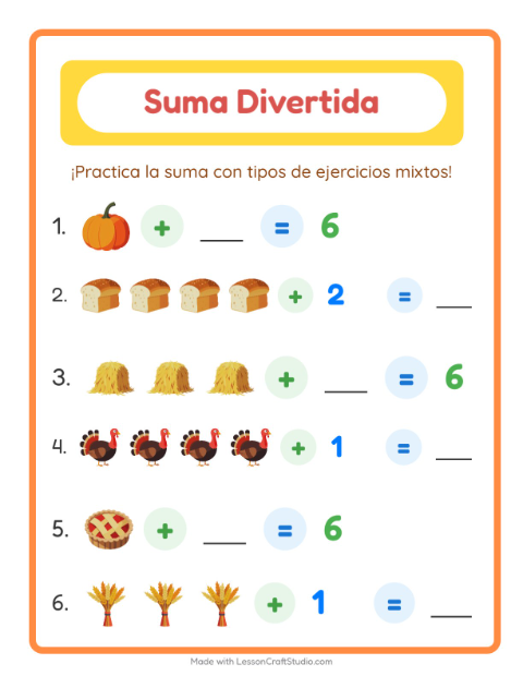 Vista previa de la hoja de Suma con Día de Acción de Gracias para jardín infantil