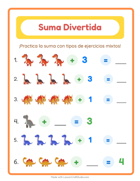 Vista previa de la hoja de Suma con Dinosaurios para jardín infantil