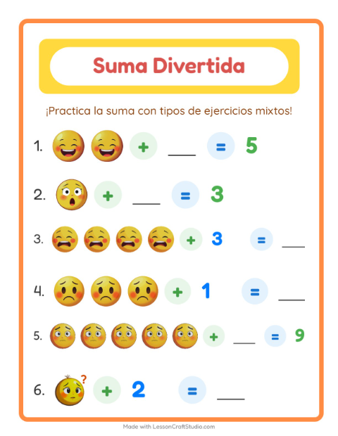 Vista previa de la hoja de Suma con Emociones para jardín infantil