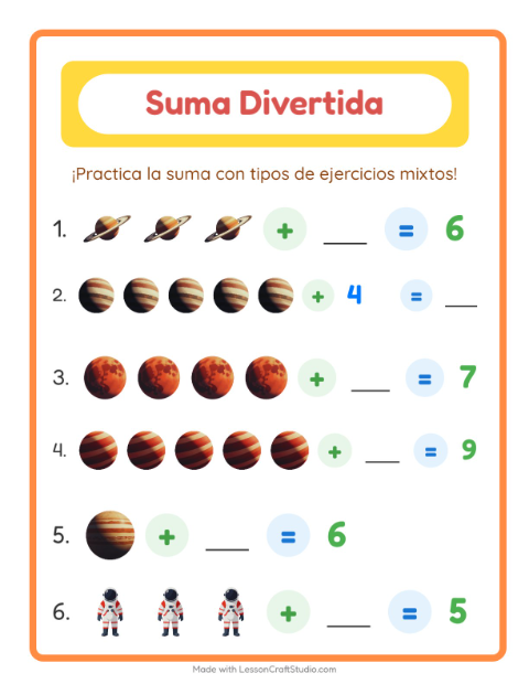 Vista previa de la hoja de Suma con Espacio para jardín infantil