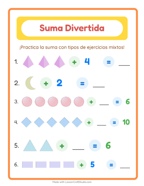 Vista previa de la hoja de Suma con Formas para jardín infantil