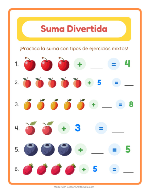 Vista previa de Sumas con Frutas: Cuenta y Suma para Hallar el Total