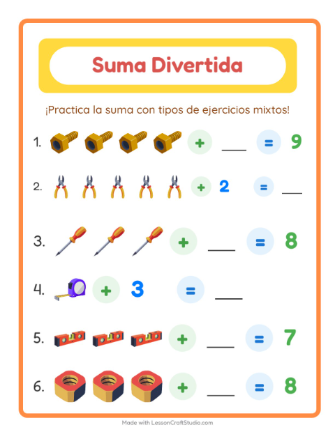 Vista previa de la hoja de Suma con Herramientas para jardín infantil