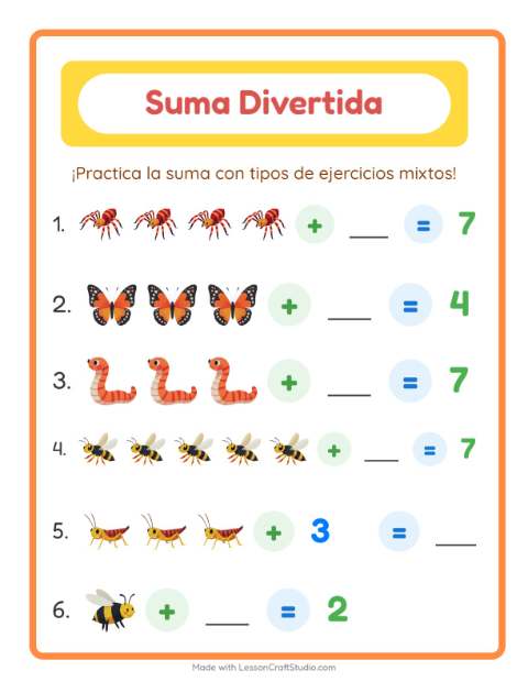 Vista previa de la hoja de Suma con Insectos y bichos para jardín infantil
