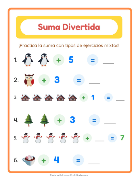 Vista previa de la hoja de Suma con Invierno para jardín infantil