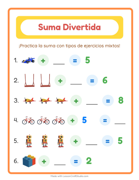 Vista previa de la hoja de Suma con Juguetes para jardín infantil