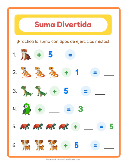 Vista previa de la hoja de Suma con Mascotas para jardín infantil