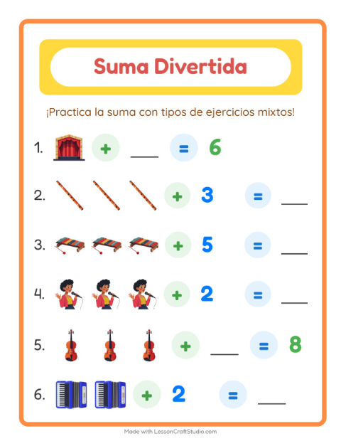 Vista previa de la hoja de Suma con Música para jardín infantil