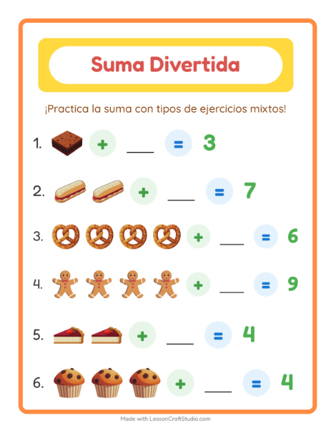 Vista previa de la hoja de Suma con Panadería para jardín infantil