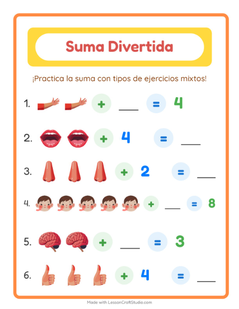 Vista previa de la hoja de Suma con Partes del cuerpo para jardín infantil