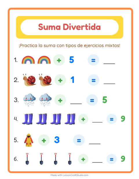 Vista previa de la hoja de Suma con Primavera para jardín infantil