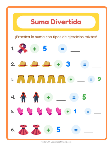 Vista previa de la hoja de Suma con Ropa para jardín infantil