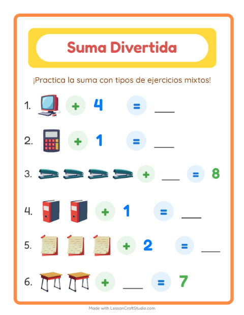Vista previa de la hoja de Suma con Salón de clases para jardín infantil
