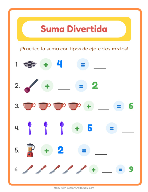 Vista previa de la hoja de Suma con Utensilios de cocina para jardín infantil