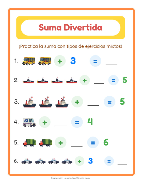 Vista previa de la hoja de Suma con Vehículos para jardín infantil