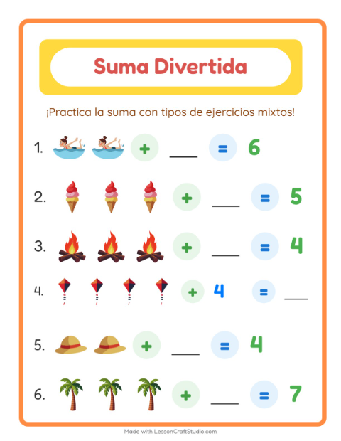 Vista previa de la hoja de Suma con Verano para jardín infantil
