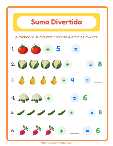 Vista previa de la hoja de Suma con Verduras para jardín infantil