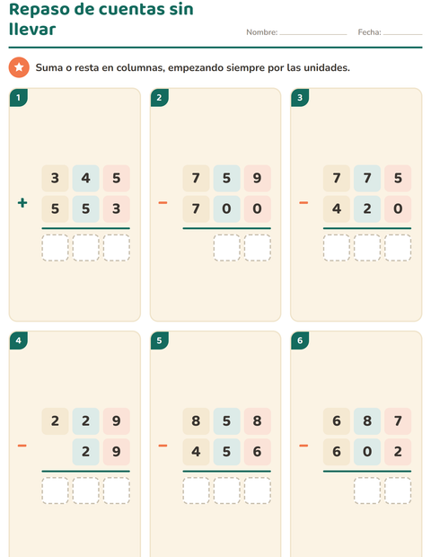 Vista previa de Repaso de cuentas sin llevar: dos y tres cifras