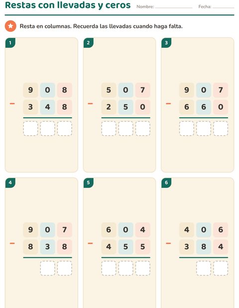 Vista previa de la hoja de Sumas y restas en columna para grado 3