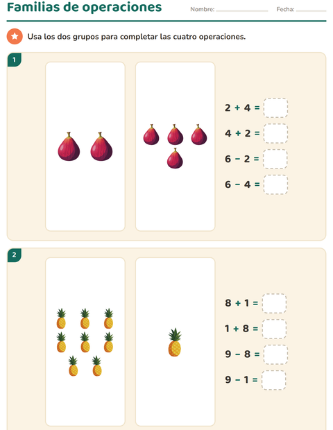 Vista previa de la hoja de Sumas y restas con dibujos con Frutas para grado 1