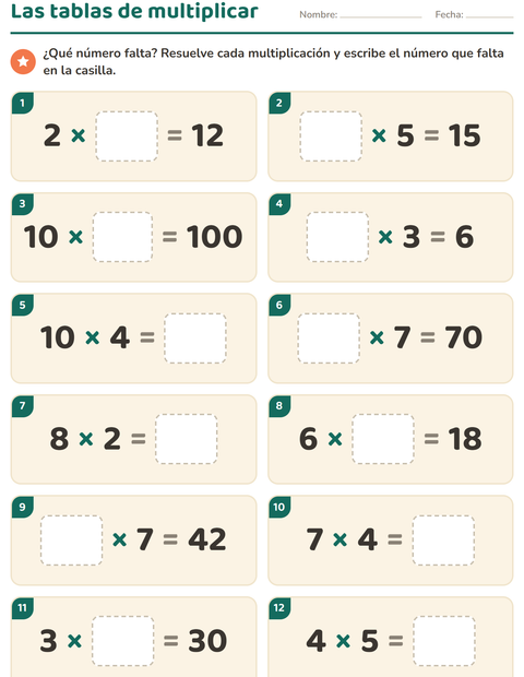 Vista previa de la hoja de Tablas de multiplicar para grado 3