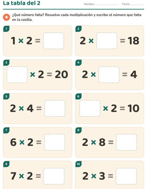Vista previa de la hoja de Tablas de multiplicar para grado 3