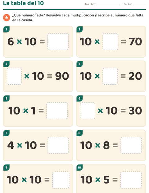 Vista previa de la hoja de Tablas de multiplicar para grado 3