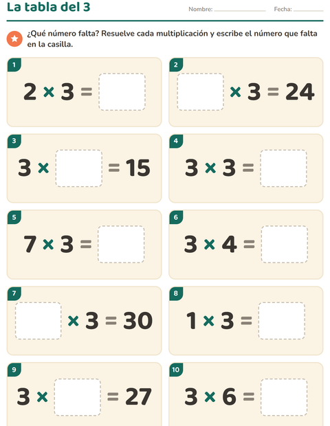 Vista previa de la hoja de Tablas de multiplicar para grado 3