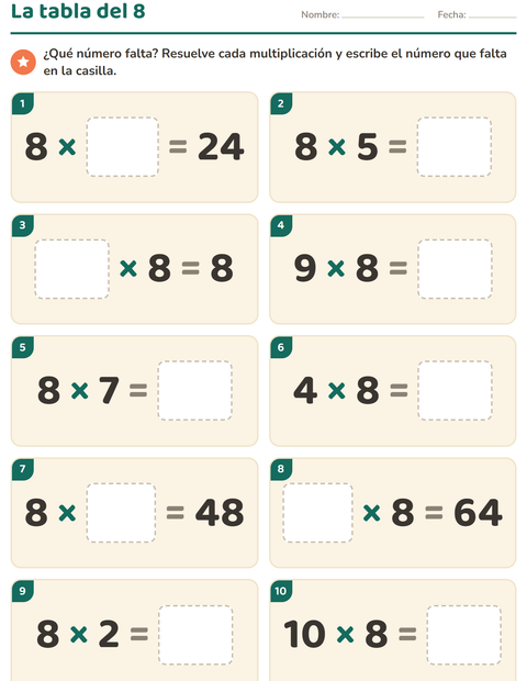 Vista previa de la hoja de Tablas de multiplicar para grado 3